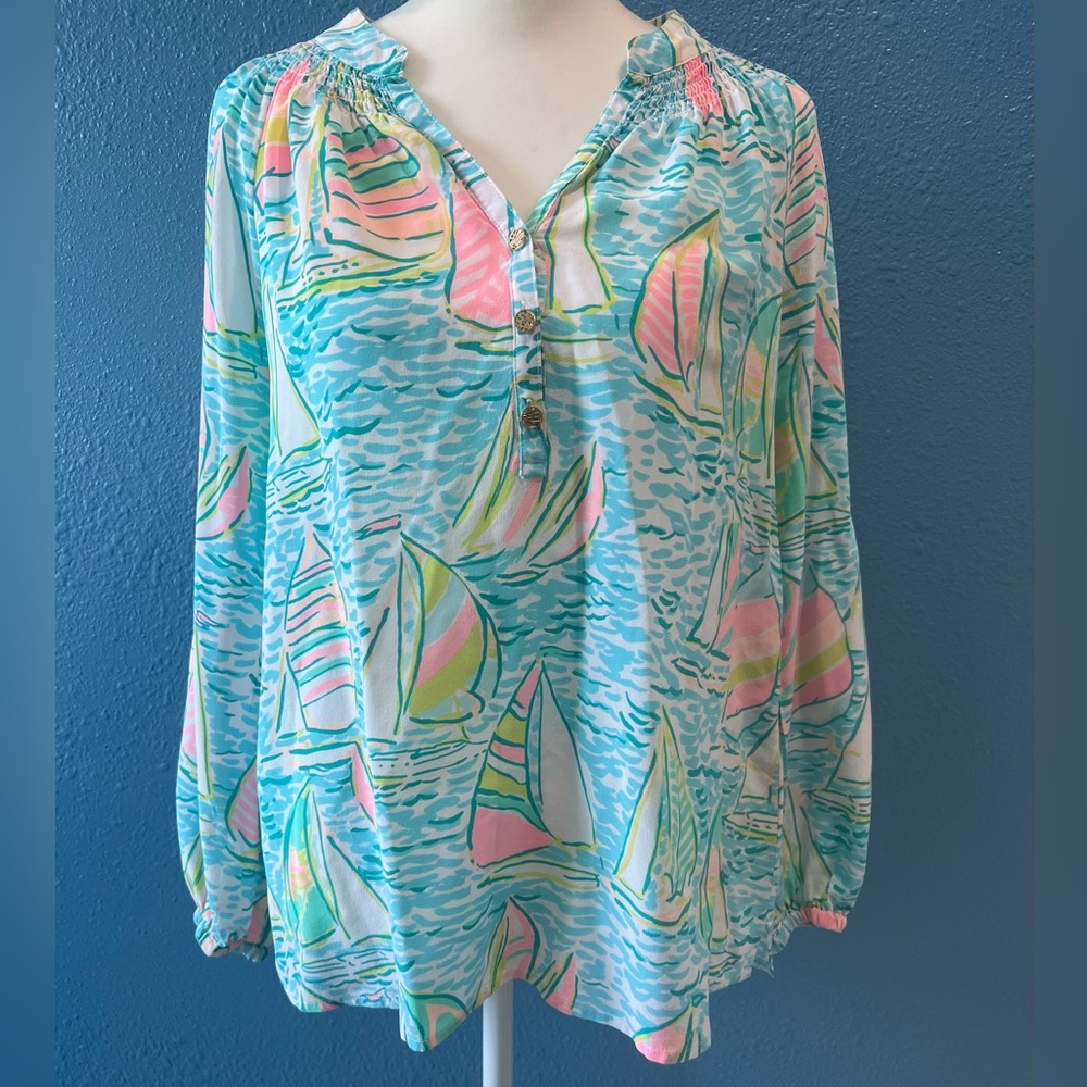 Lilly Pulitzer Elsa Silk Blouse You Gotta Regatta Size Small
